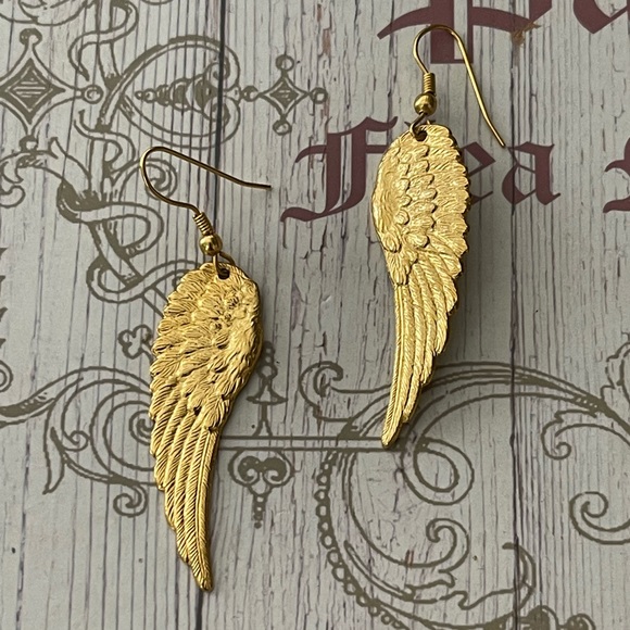 Gold washed brass angel wings drop earrings - Picture 3 of 6